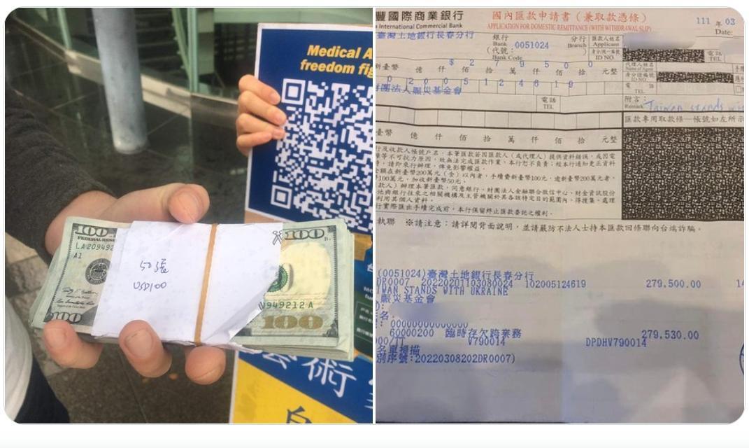 一名在台烏克蘭人指出,他們在反戰活動中遇到一名神祕且友善的台灣大叔,交給他們錢後就消失於人群中。(翻攝自申武松推特)
