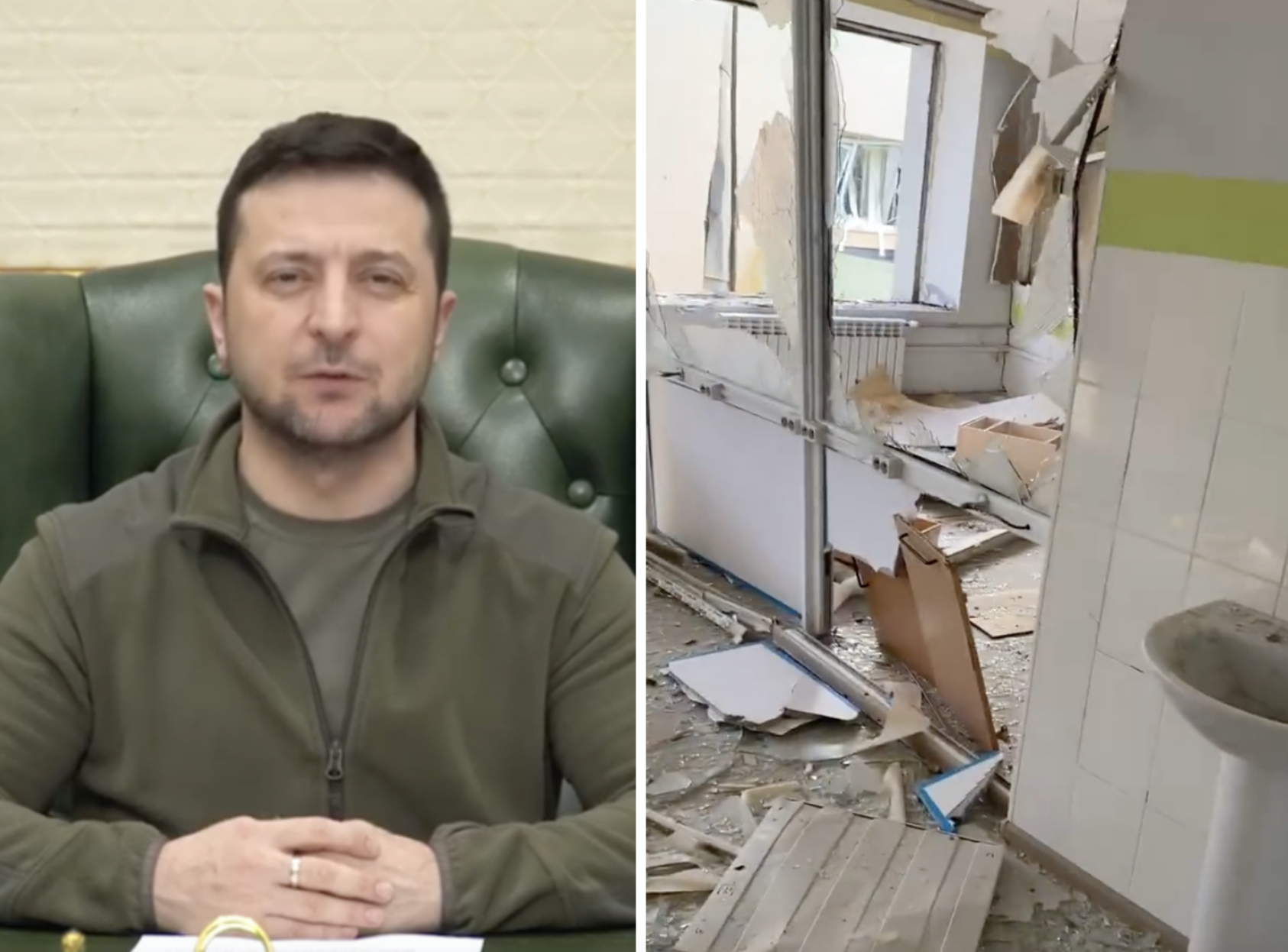 烏克蘭總統澤倫斯基（Volodymyr Zelensky）在推特貼出一段位於馬立波的婦幼醫院遭轟炸片段，批俄羅斯泯滅人性。（翻攝澤倫斯基推特）