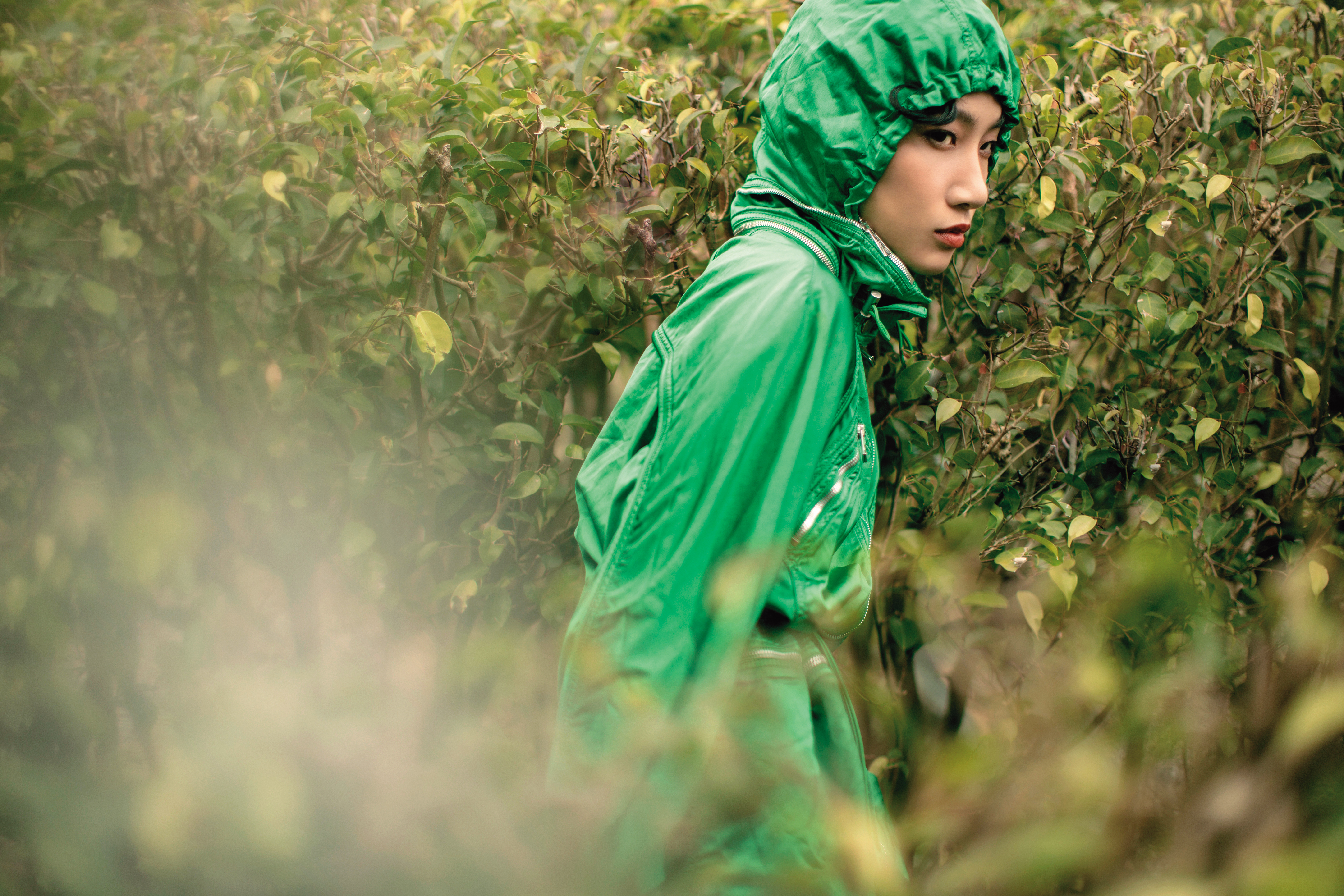 鸚鵡綠流體緞面連帽派克大衣 NT$102,600 by BOTTEGA VENETA