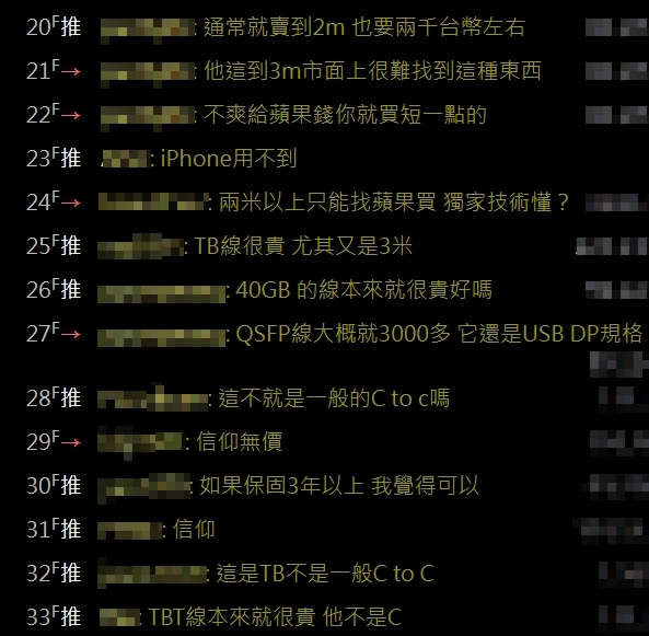 PTT網友認為，蘋果賣3公尺的TB線價錢其實很佛心。（翻攝自PTT）