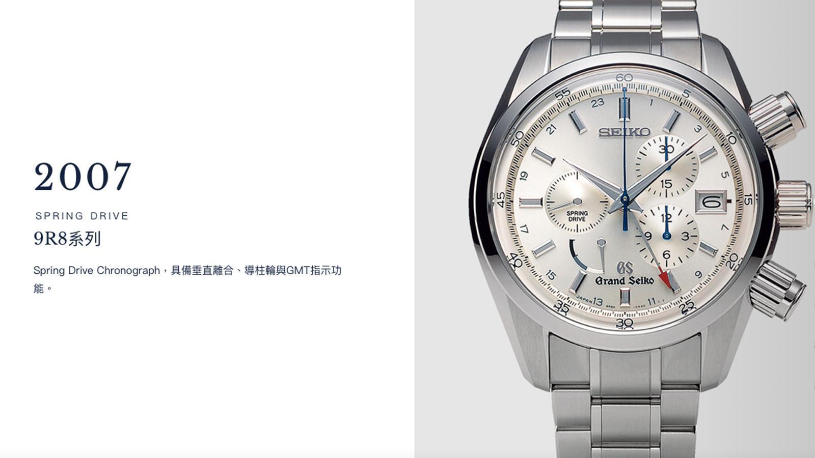 2007年Spring Drive的第一款計時碼錶出現，具備導柱輪結合垂直離合的機芯結構，而外型如今看了也早為現今的GS計時運動錶款定下初步的樣貌。