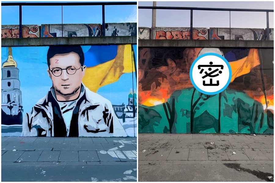 波蘭街頭藝術家卡武將烏克蘭總統澤倫斯基與俄國總統普丁，分別畫成《哈利波特》中的正反派角色。（翻攝自Kawu臉書）