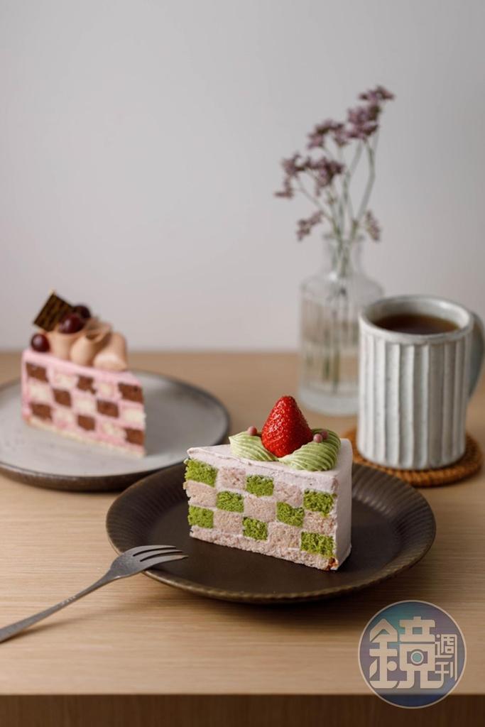 麵糊加入新鮮水果製作的「粉紅草莓抹茶棋格蛋糕」（前），風味特別清爽迷人。（250元／片）