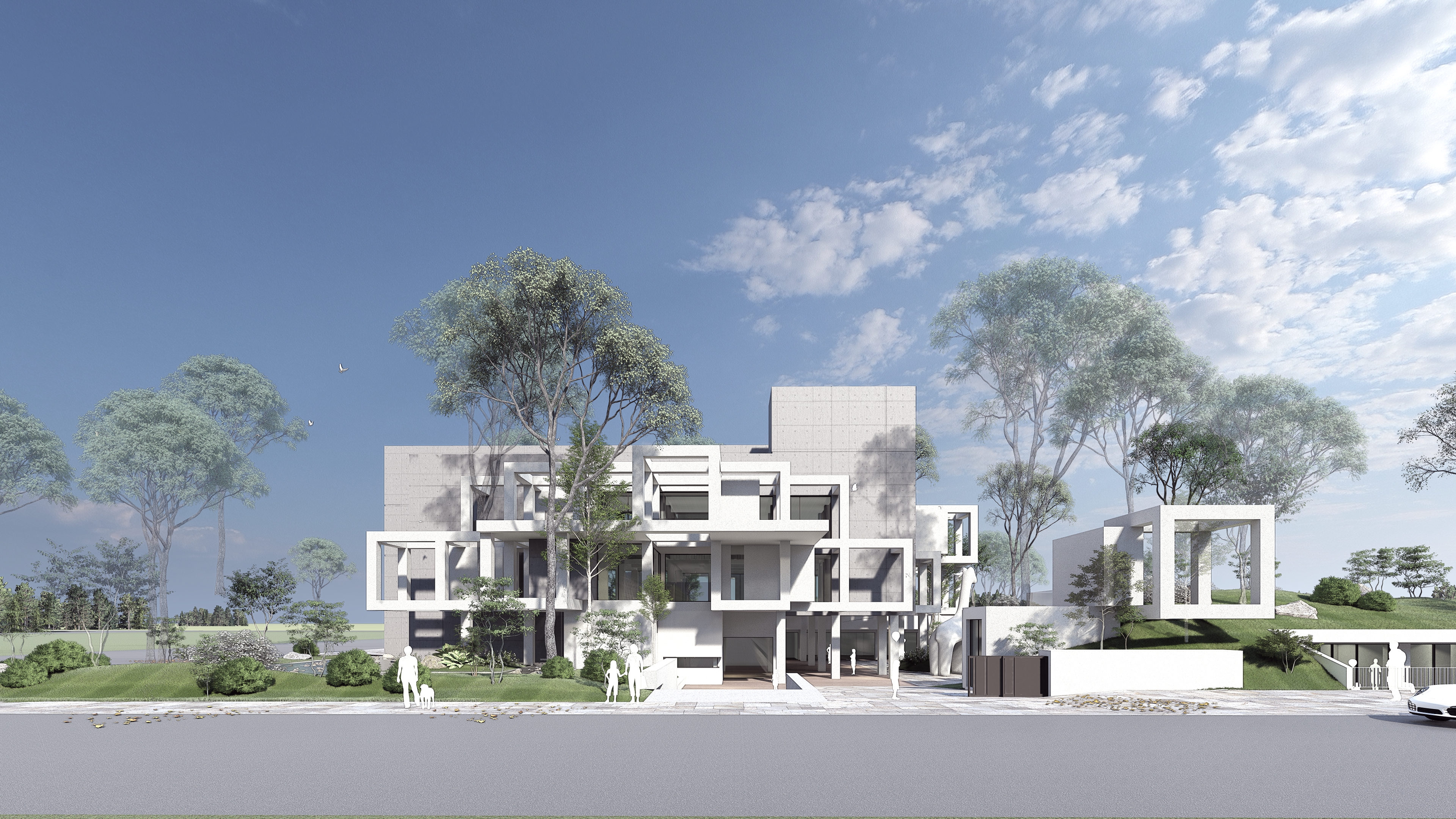 橙田建築│室研所主持設計羅耕甫為協勝發建設在高雄橋頭新市鎮規劃台灣第一棟「代謝派建築」高端幼兒教育學園」，以4x4米的方塊框架組合產生的建築空間，每個面向都呈現正面。（橙田建築│室研所提供）