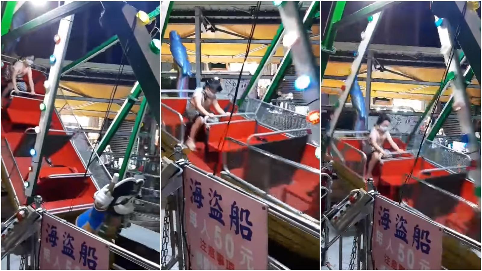 女童玩海盜船嚇瘋，聽到父親安慰「會害怕就叫出來」，結果真的頻喊「叫出來」。（翻攝自爆怨公社）