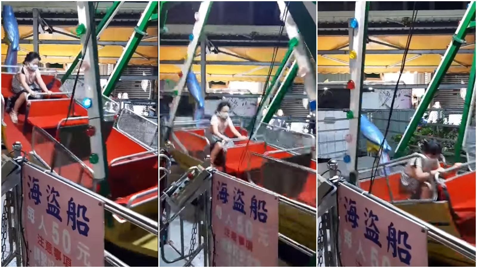 一名女童堅持要玩海盜船，結果剛上去就後悔了。（翻攝自爆怨公社）