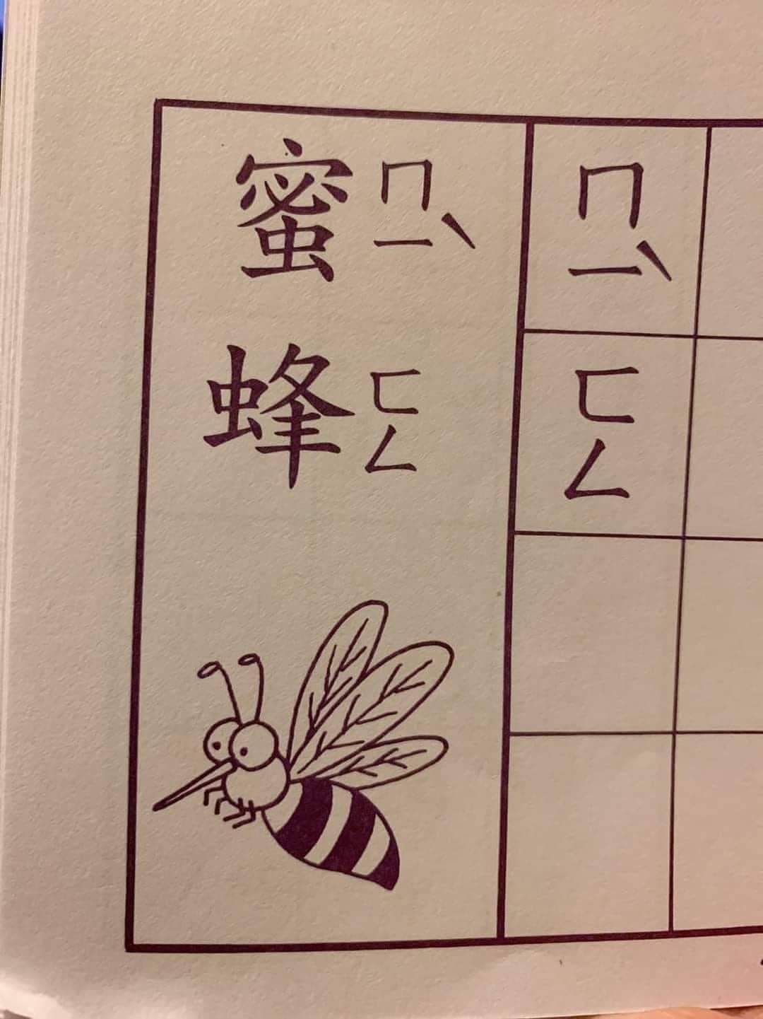 網友分享蜜蜂的插畫卻不見屁股上的螫針，反而嘴巴長了尖刺。（翻攝自爆料公社）