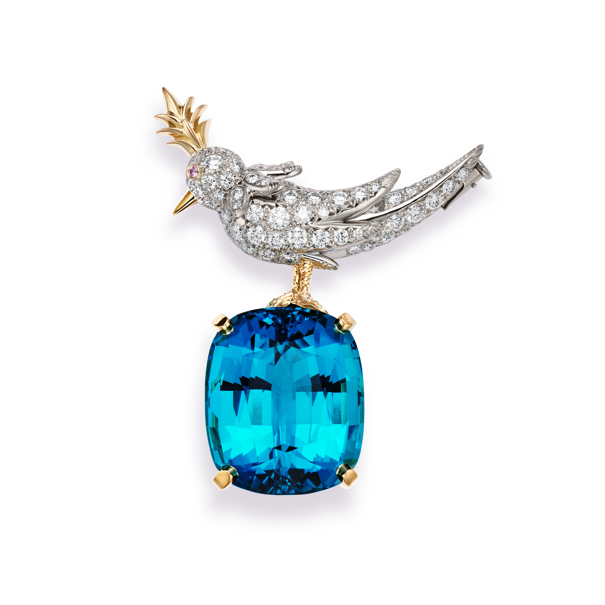 Tiffany & Co. Schlumberger石上鳥設計鉑金與18K金鑲嵌主石逾32.85克拉藍碧璽與鑽石胸針。（TIFFANY & Co.提供）