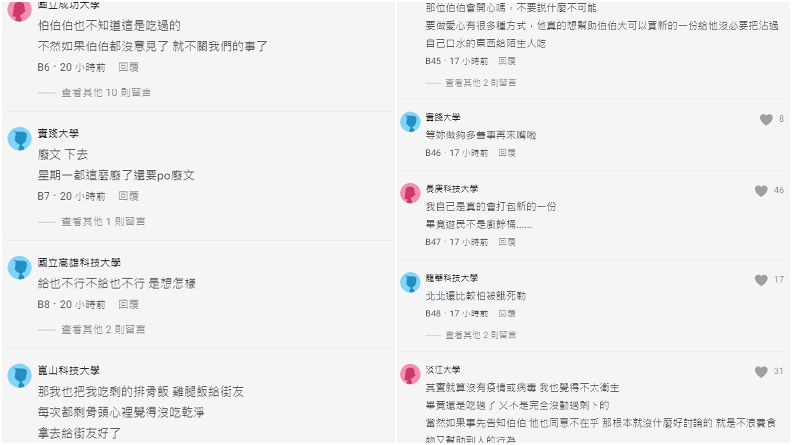 一名網紅將自己吃剩的餐點打包給街友,引發網友兩派論戰。(翻攝自Dcard)