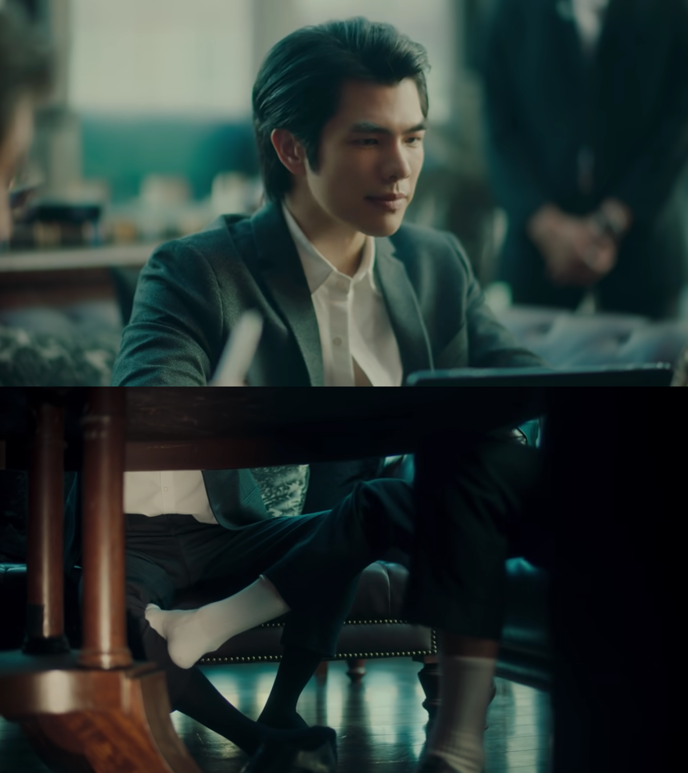 Apo在桌面下的「小動作」讓Mile表情幾乎失去控制。（截圖自官方預告）