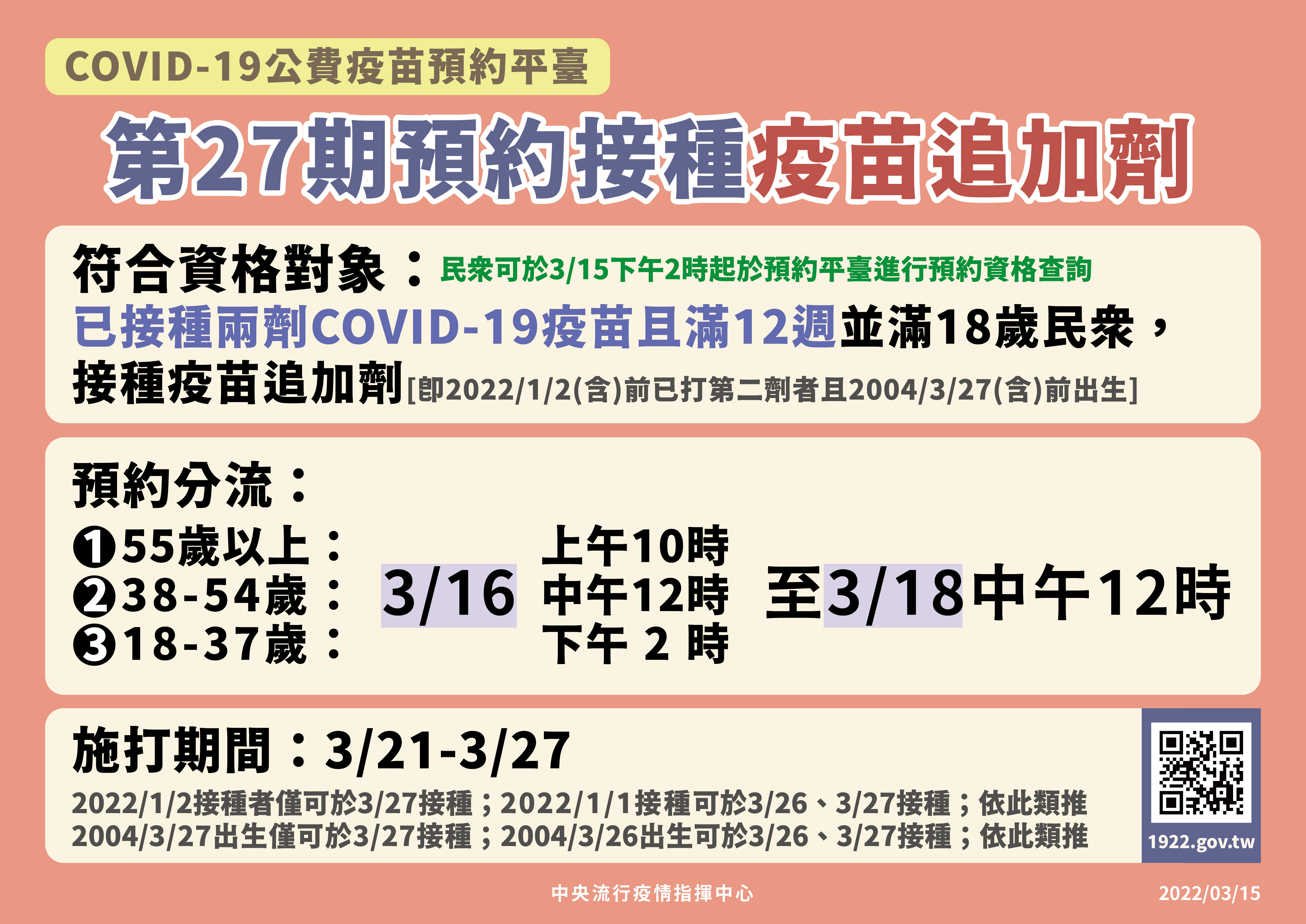 指揮中心公布新一輪疫苗施打預約計畫。（指揮中心提供）