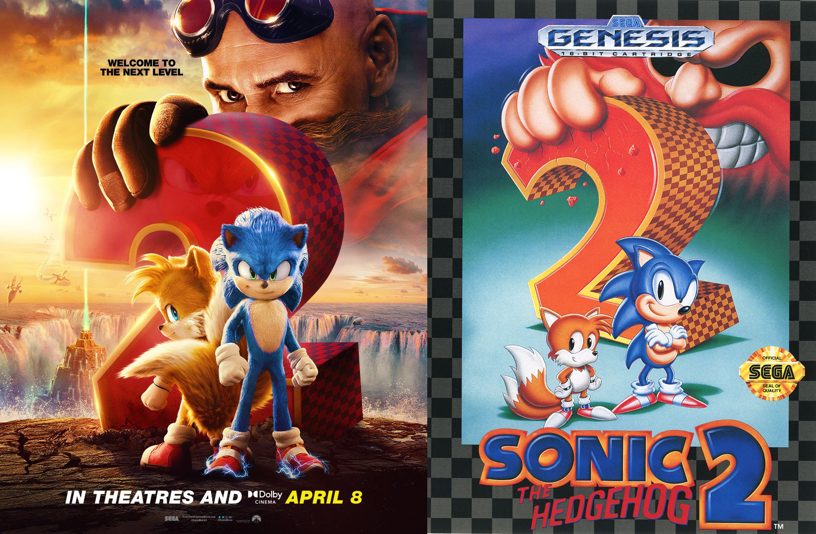 《音速小子2》電影海報特別向1992的電玩作品致敬。（翻攝自@SonicMovie Twitter、SEGA官網）