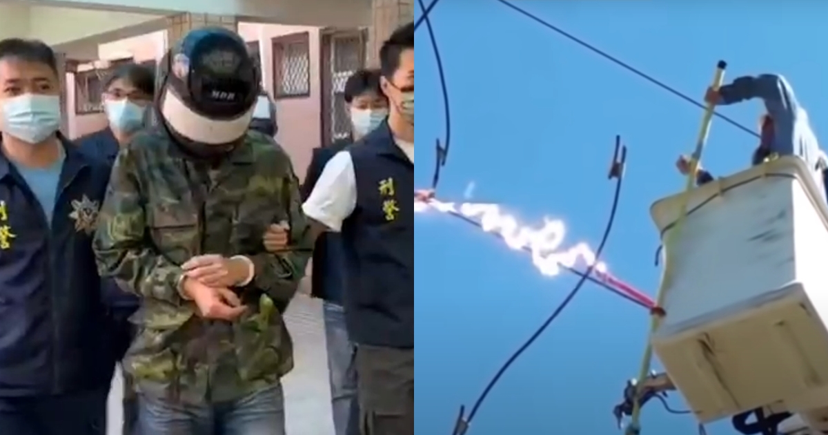 桃機工人（左）持油壓剪偷電纜造成大停電，網友貼出剪高壓電的影片，吐槽他是不是天生神力。（翻攝畫面、翻攝自E - 1 YouTube）