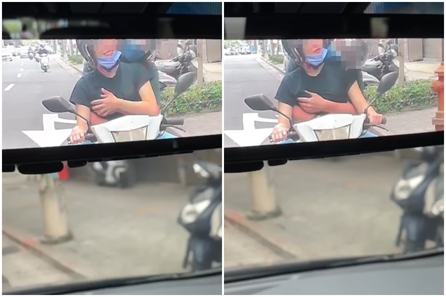 網友在「爆料公社」分享一情侶在等紅燈時不停放閃的畫面。（翻攝自臉書爆料公社）