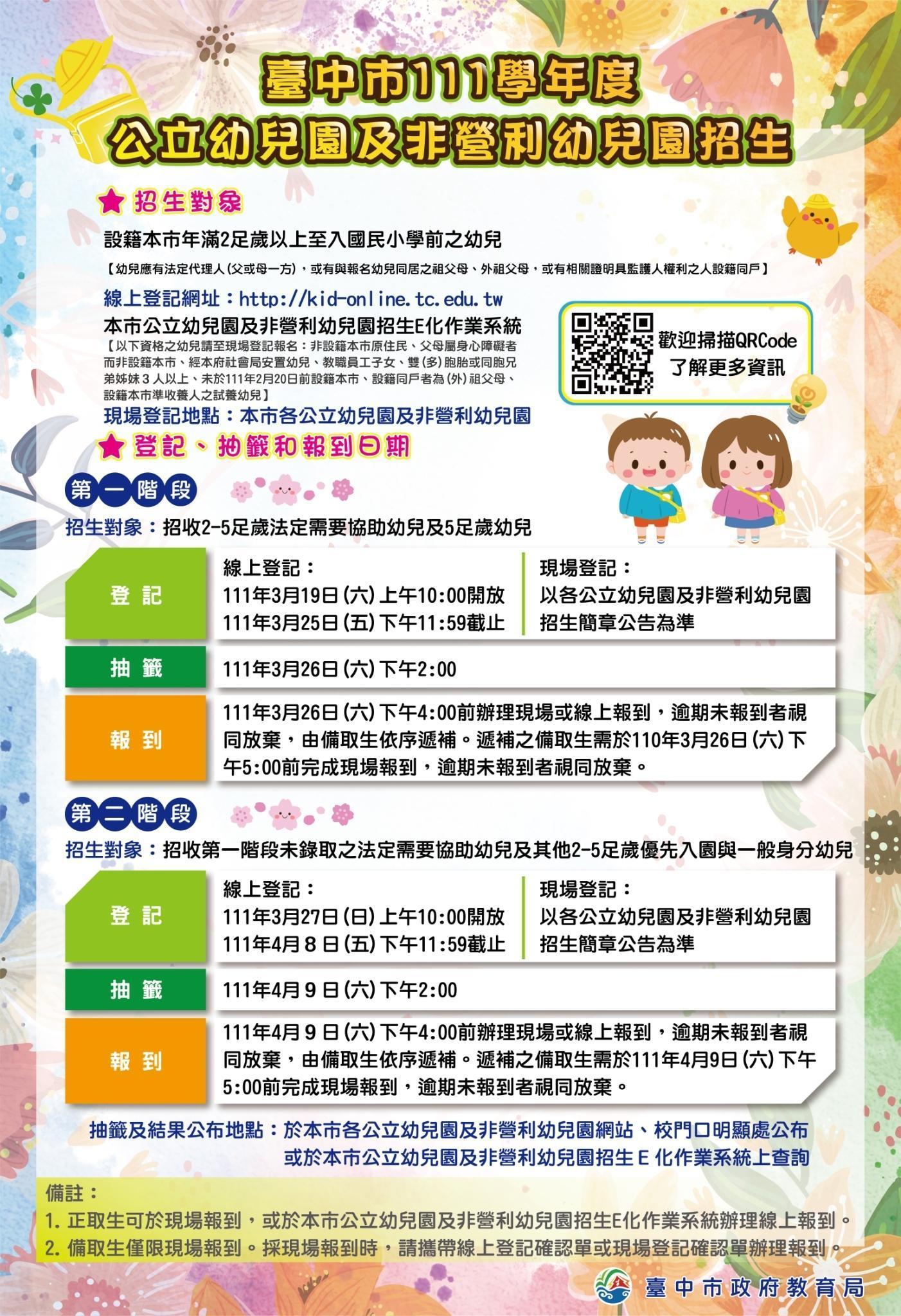 臺中市111學年度公立幼兒園及非營利幼兒園招生。