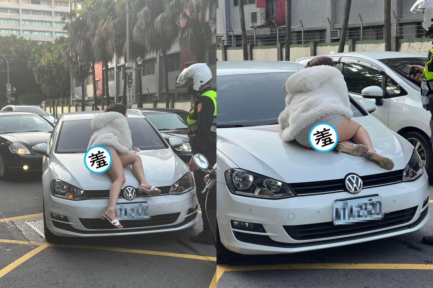 一名身穿緊身短裙的女子趴在汽車引擎蓋上，裙底風光露出，警察到場後通知家人帶回。（翻攝自爆廢公社）
