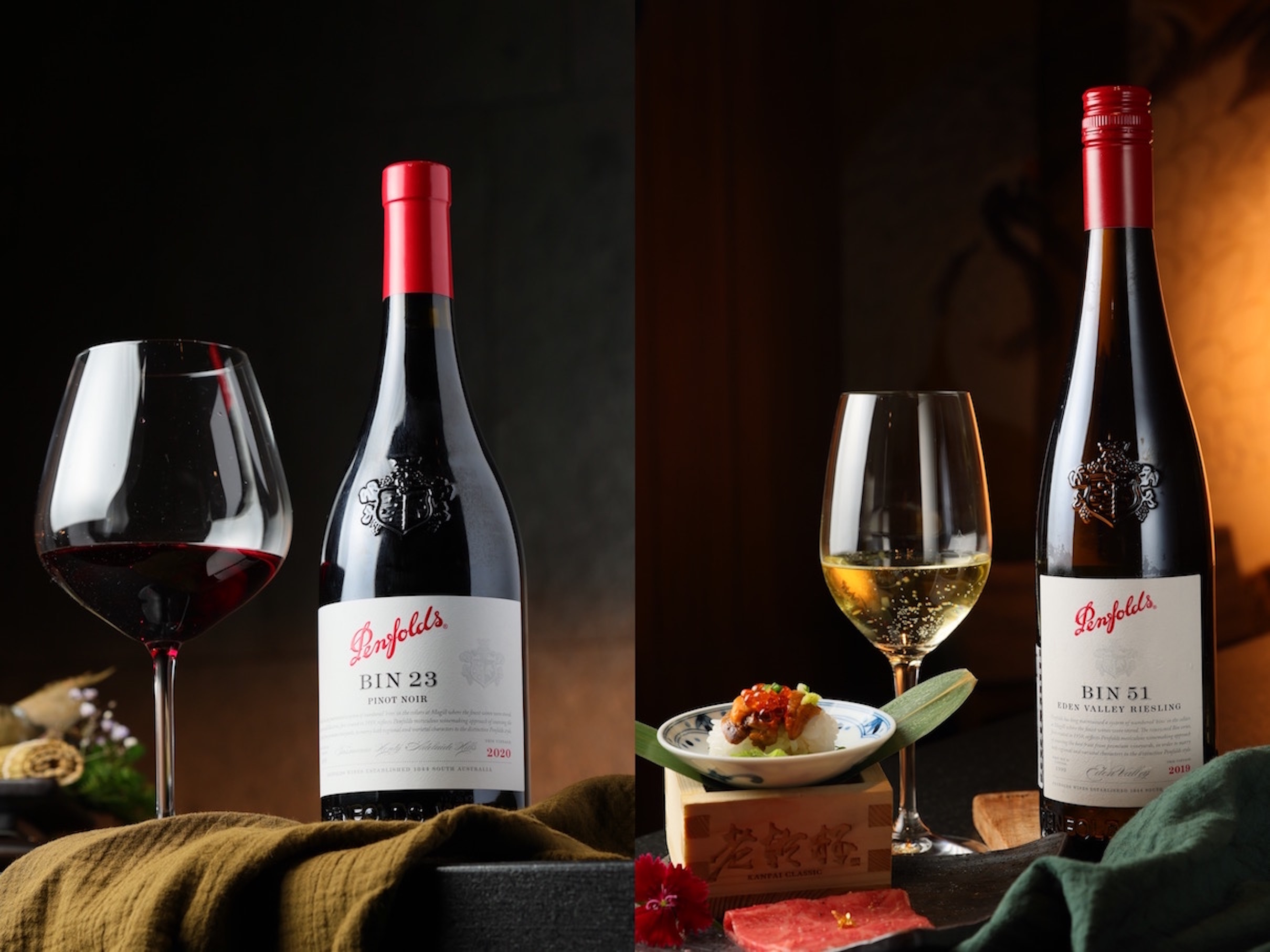 Bin51麗絲玲白酒一瓶百搭（右），Bin23黑皮諾紅酒（左）特別與甲殼類的鮮味相合。