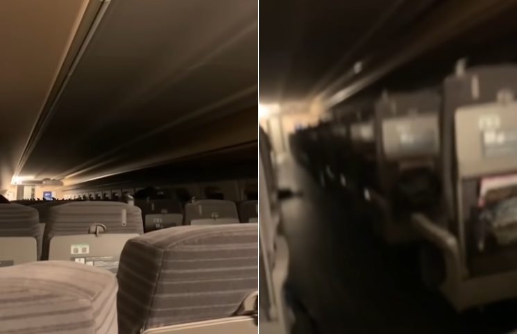 強震把新幹線震到脫軌，列車內部畫面曝光場面驚人。（翻攝自KAHOKUSHIMPO YouTube頻道）