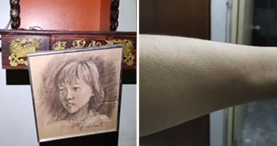 「晚安小雞」湊近畫像看的時候，抽屜動了一下，讓他嚇得手臂馬上起雞皮疙瘩。（翻攝自「晚安小雞」臉書）