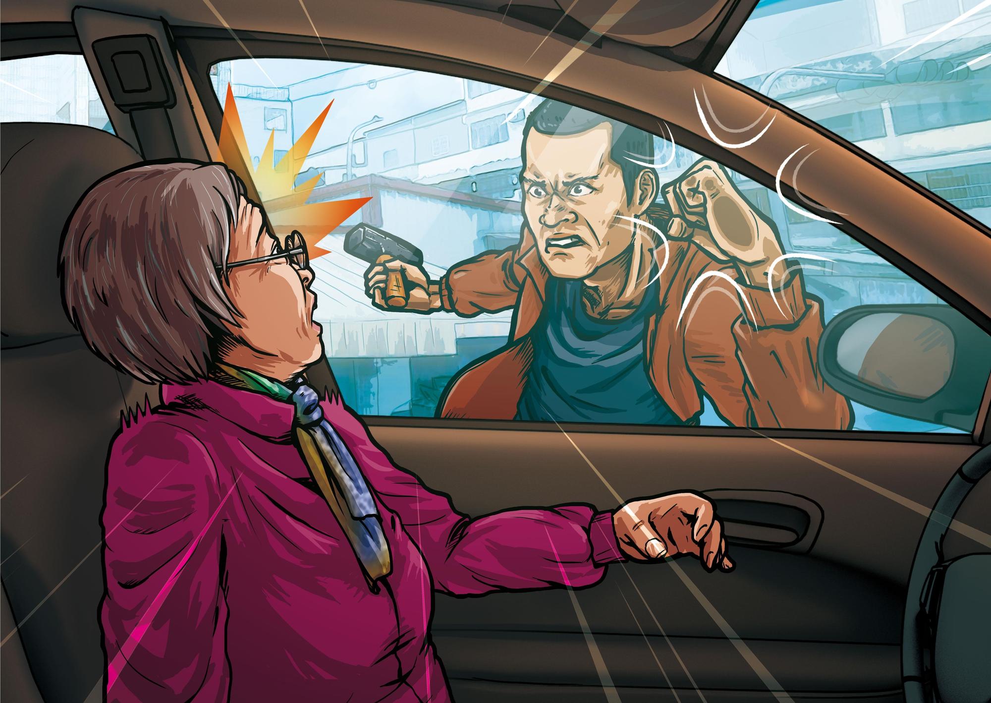 陳姓退休女老師(左)買完菜正要開車離去,卻遭劉志明(右)持榔頭攻擊。(示意畫面)