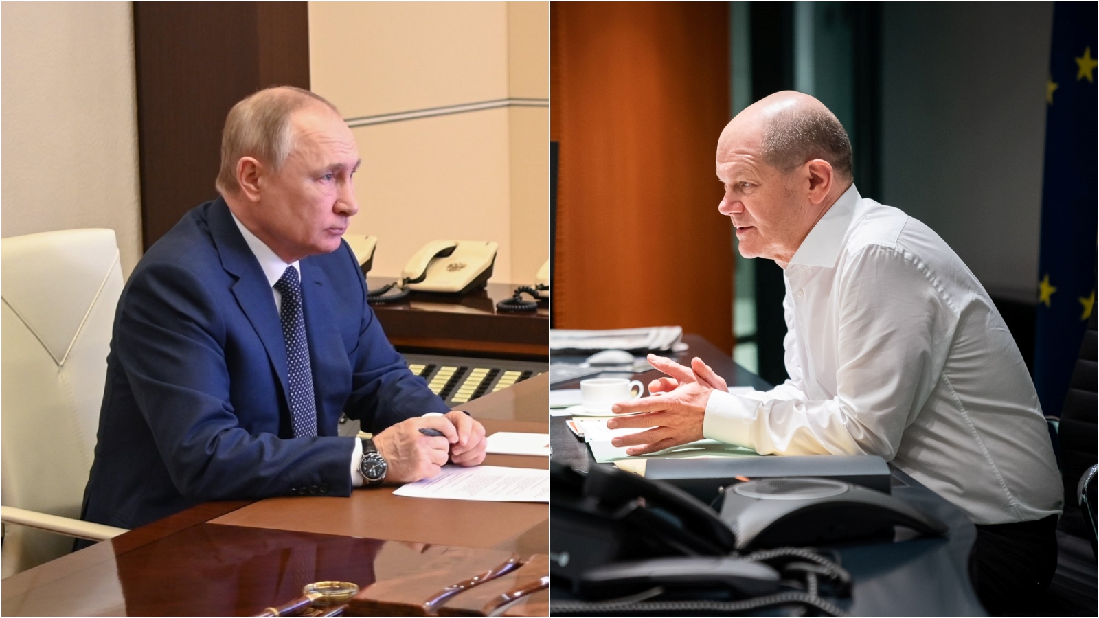 俄羅斯總統普丁（左）和德國總理蕭茲（右）通電話，控烏克蘭拖延談判。（翻攝自克里姆林宮／蕭茲推特）