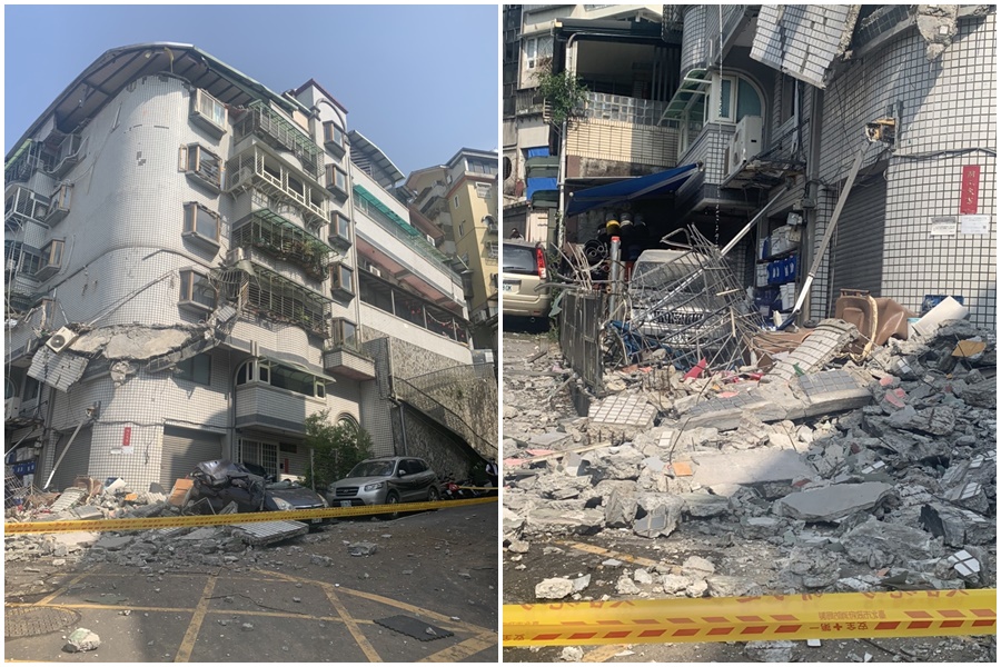 台北市文山區的再興社區的5樓外牆突然崩塌，現場大量水泥塊、磁磚遍佈在道路上。（翻攝畫面）