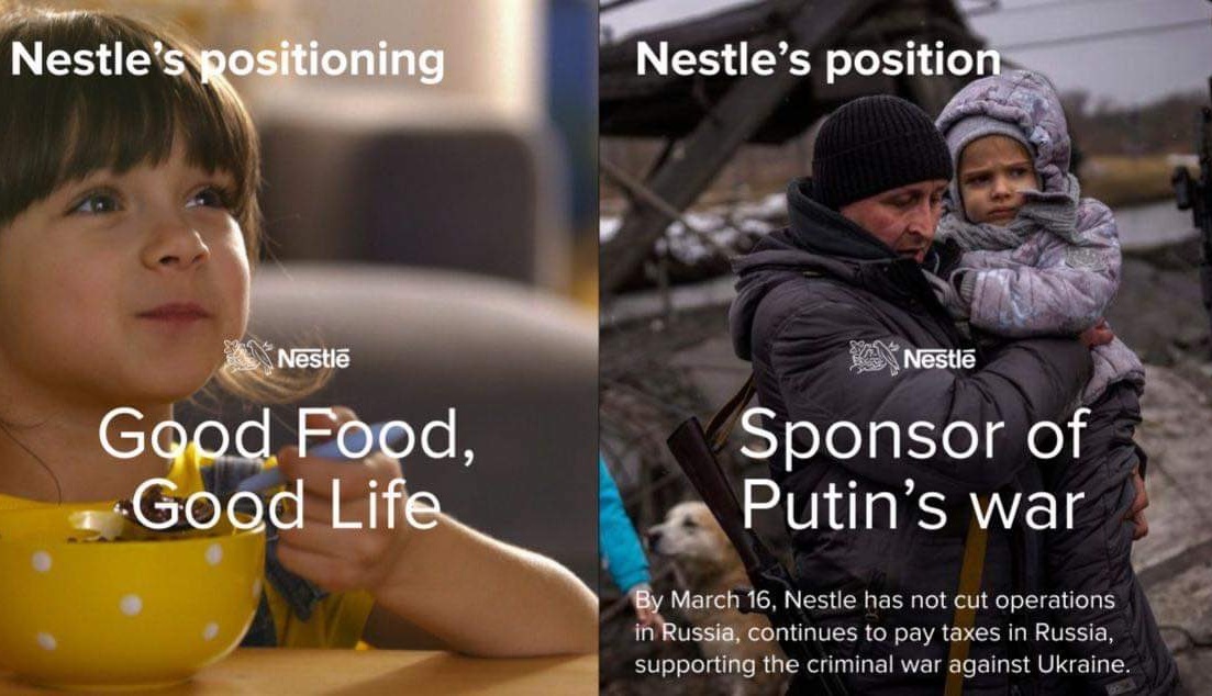 澤倫斯基譴責雀巢在俄羅斯業務照常，與其口號標榜「優質食品，美好生活」相違背。（翻攝自推特）
