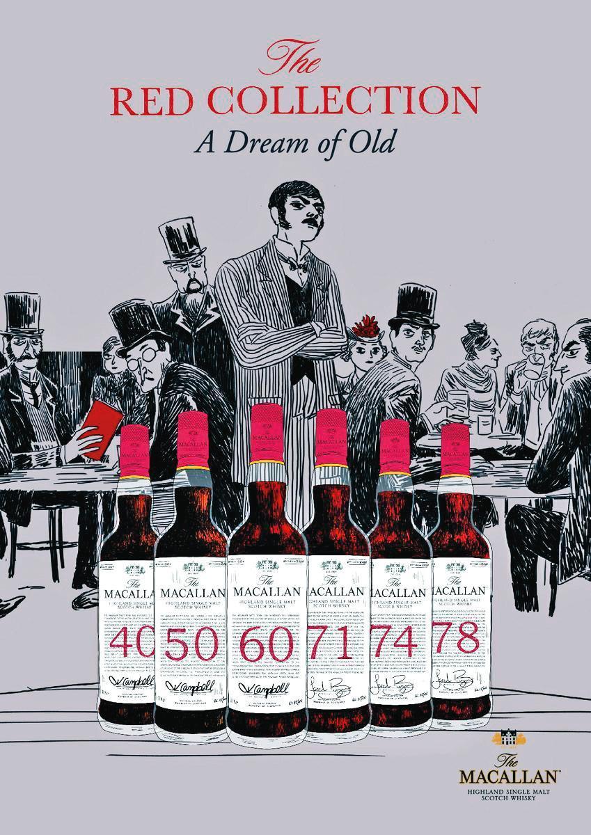 麥卡倫「The Red Collection」的海報，其中40年、50年、60年3款是由麥卡倫威士忌大師克莉絲汀．坎貝爾簽名。