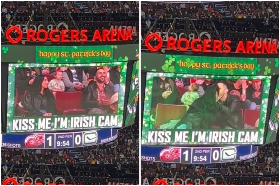 加拿大一場比賽中的「親吻鏡頭」，掀起網路關注。（翻攝自抖音）