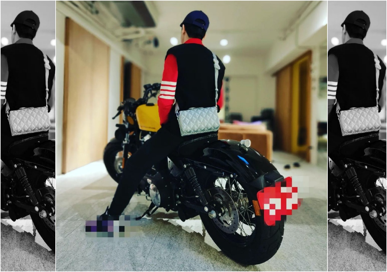 蕭敬騰背著最新的CD Diamond包款，坐在重機上耍帥一下。（翻攝自蕭敬騰IG）