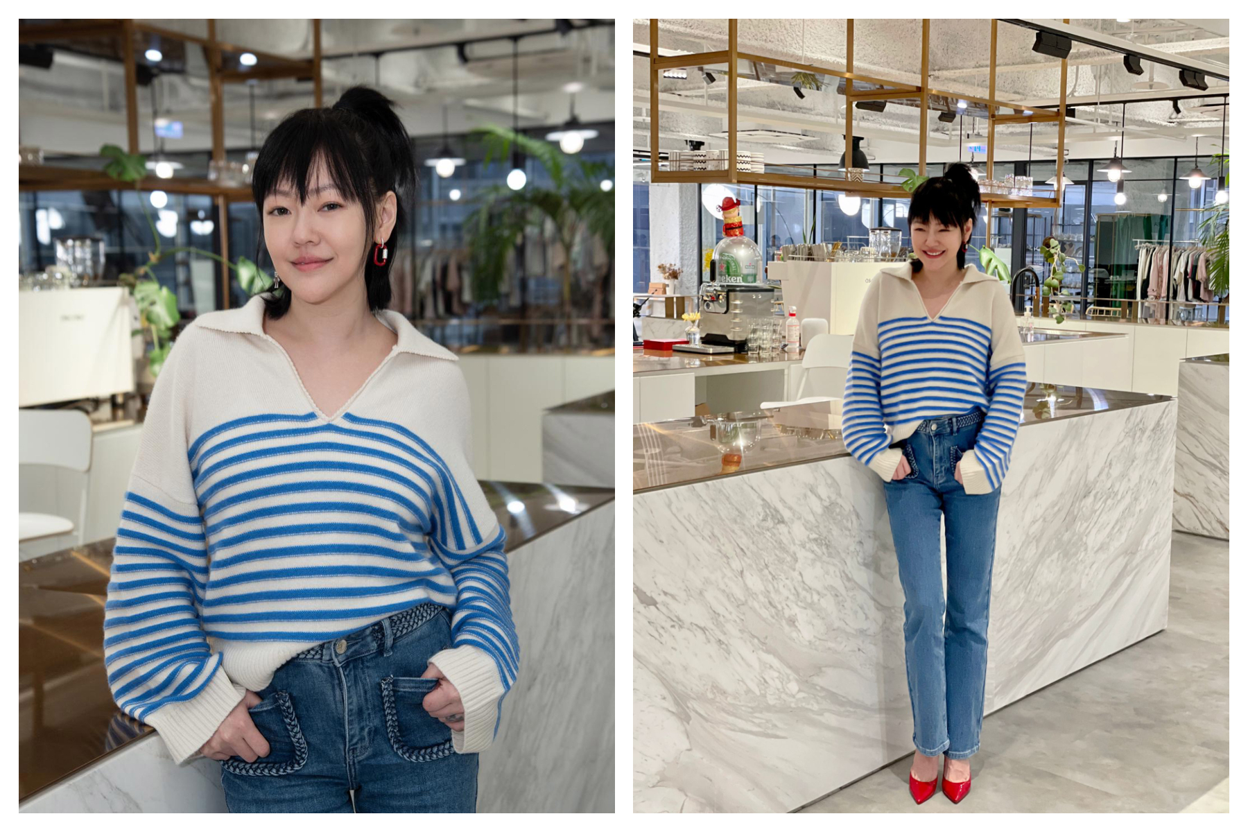 小S日前穿上藍白條紋的針織上衣，搭配合身牛仔褲與一雙紅色尖頭鞋，不似最近的誇張造型，改走法式小清新style。（maje提供）