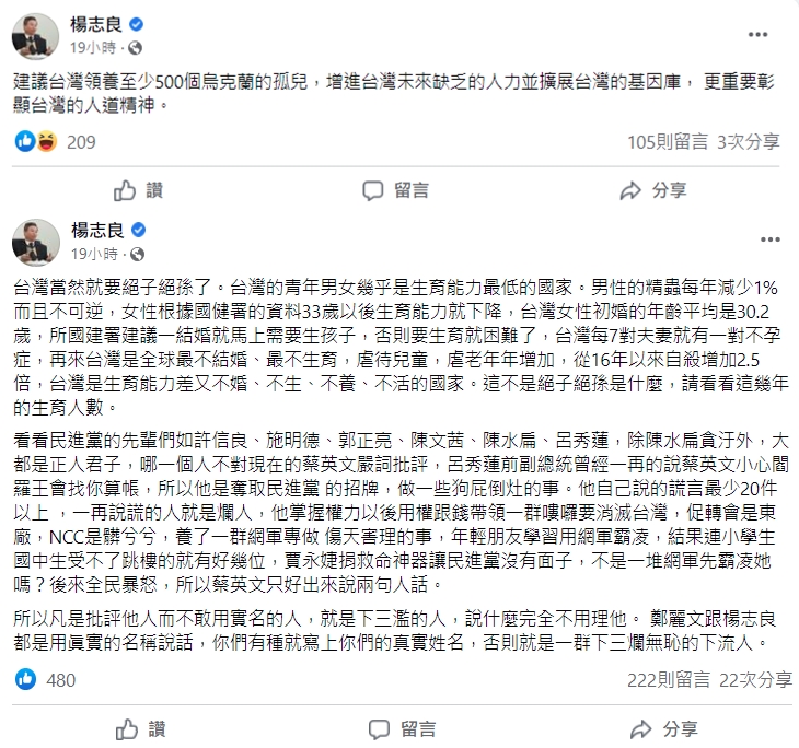 楊志良發文指台灣正在絕子絕孫的路上，還建議領養烏克蘭孤兒增進台灣基因庫。（翻攝自楊志良臉書）