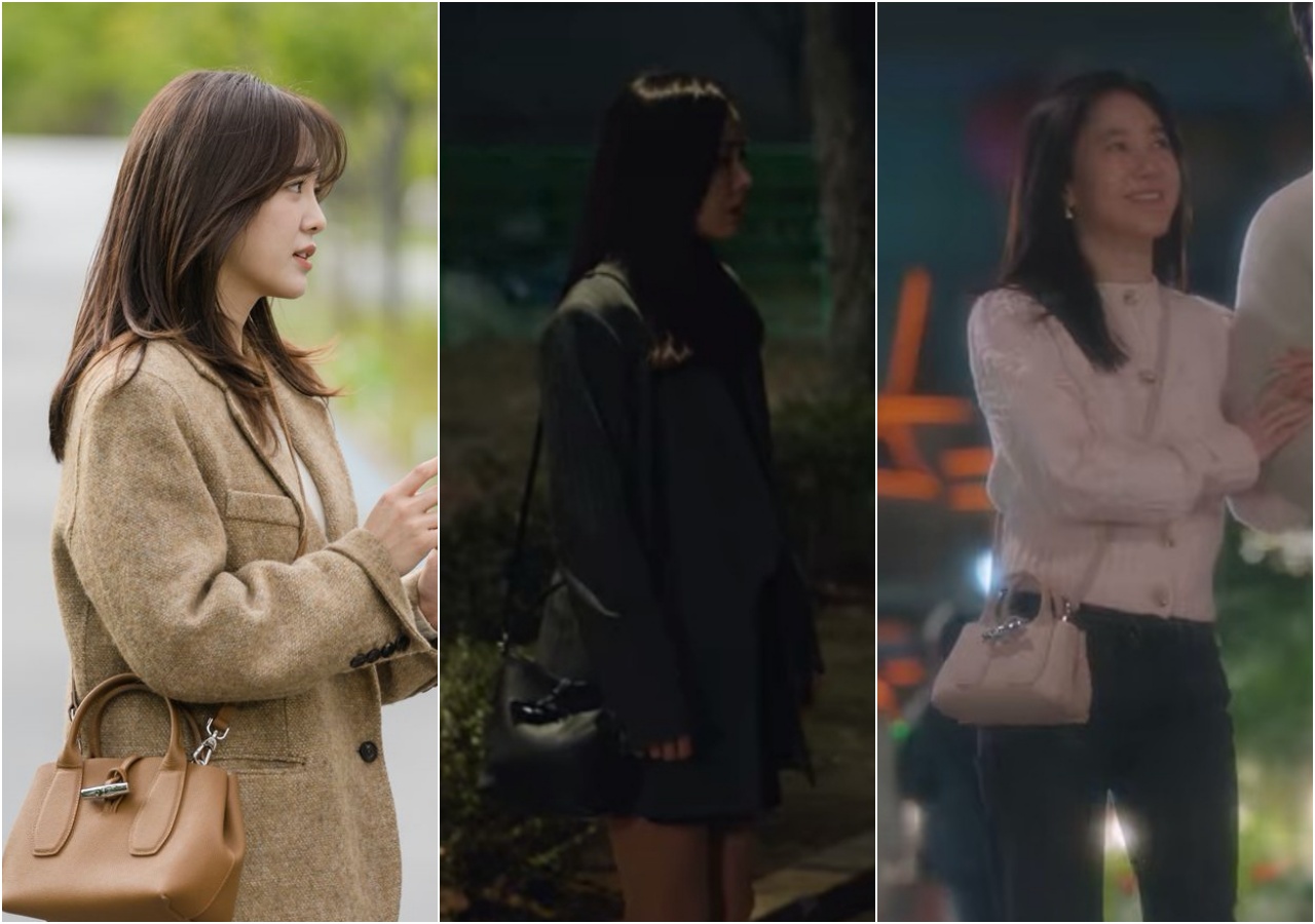 （左起）金世正、孫藝真、朴柱美皆在近期播出的韓劇中，以不同的穿搭詮釋LONGCHAMP Roseau包款。（翻攝自NETFLIX）