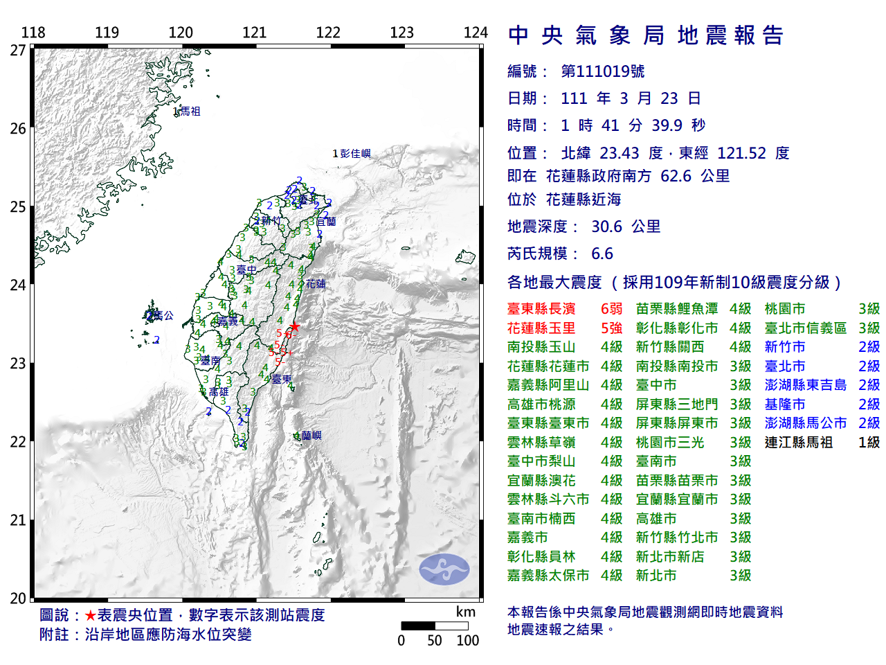 根據中央氣象局資料顯示，這起地震深度30.6公里，芮氏規模6.6。（翻攝自中央氣象局）
