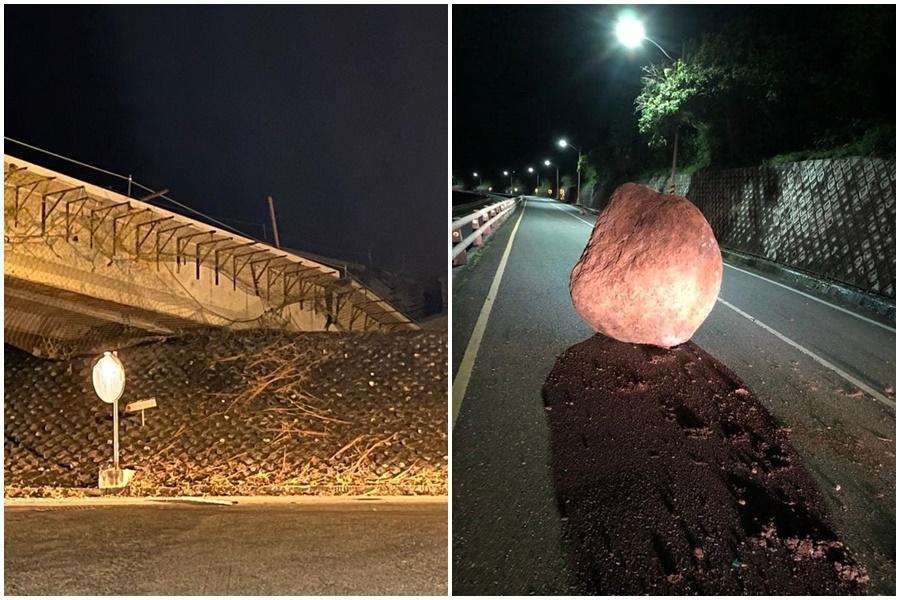 今天凌晨強震把花蓮玉興橋震垮，台東長濱鄉永福路段邊坡掉落大石頭。（翻攝自記者爆料網、翻攝畫面）