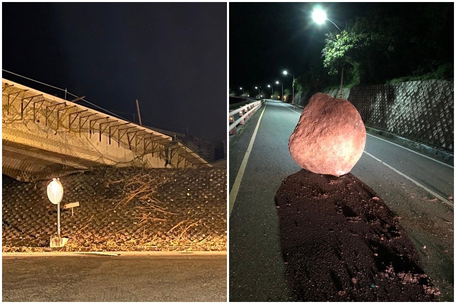 今天凌晨強震把花蓮玉興橋震垮，台東長濱鄉永福路段邊坡掉落大石頭。（翻攝自記者爆料網、翻攝畫面）