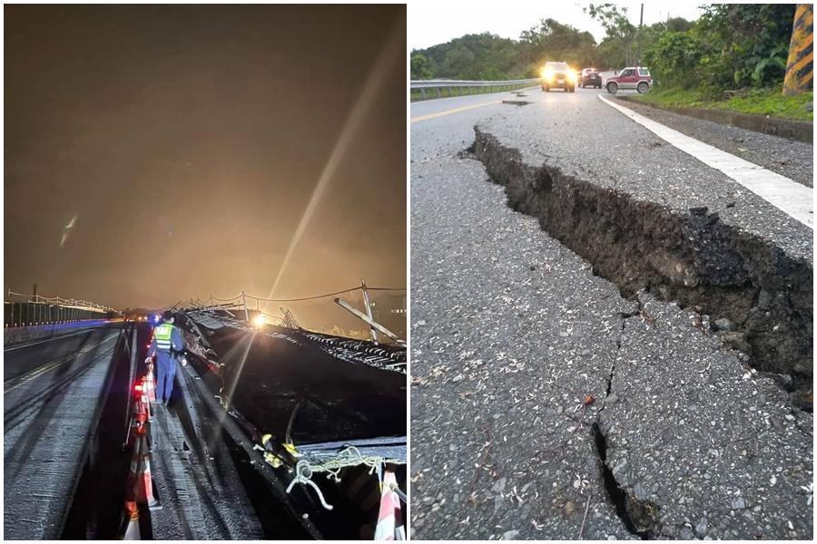 玉里鎮台9線路燈因強震倒塌，台30線玉長公路全線封閉。（翻攝自記者爆料網）