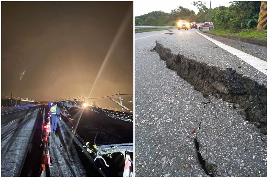 玉里鎮台9線路燈因強震倒塌，台30線玉長公路全線封閉。（翻攝自記者爆料網）
