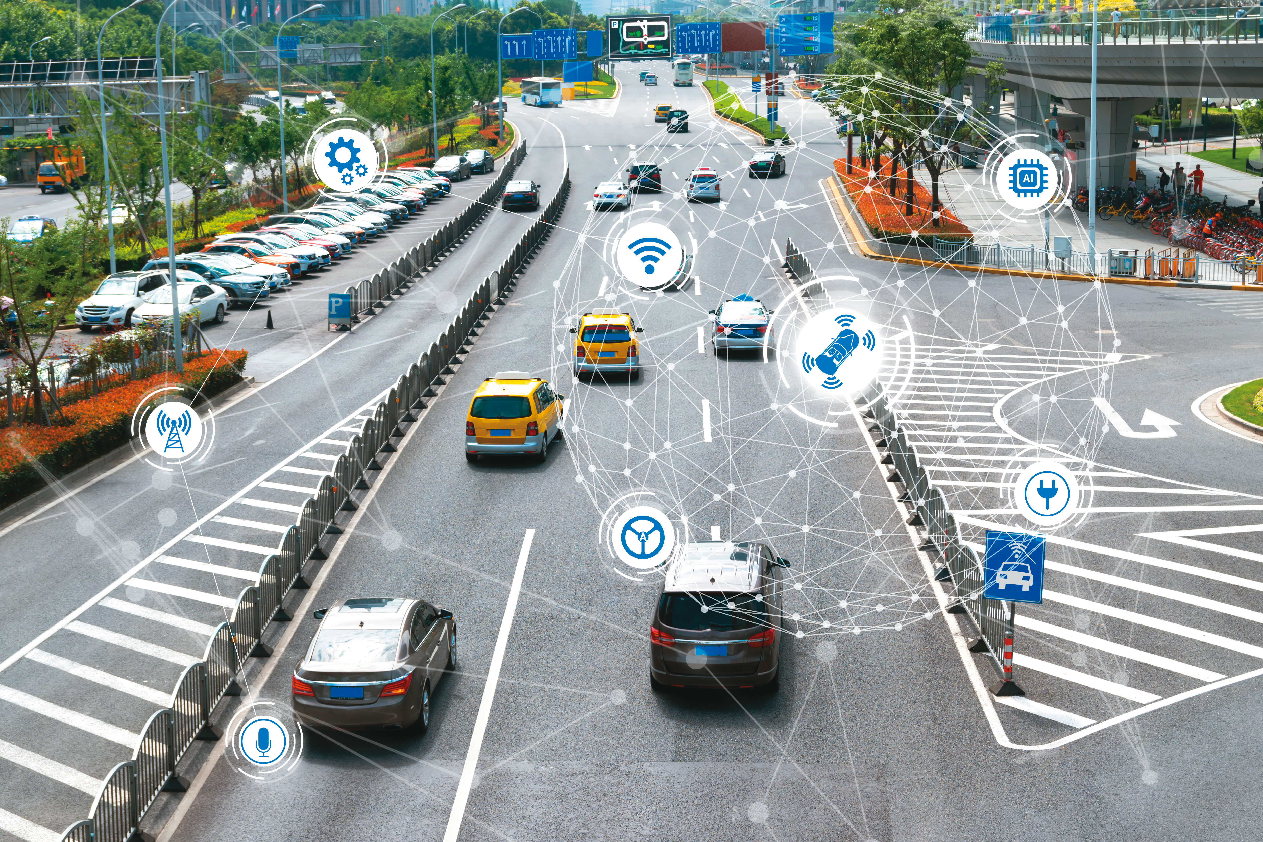 擁有蜂巢式車聯網功能的汽車，得以串聯周邊人、事、物，打造更安全的行車環境。（東方IC）