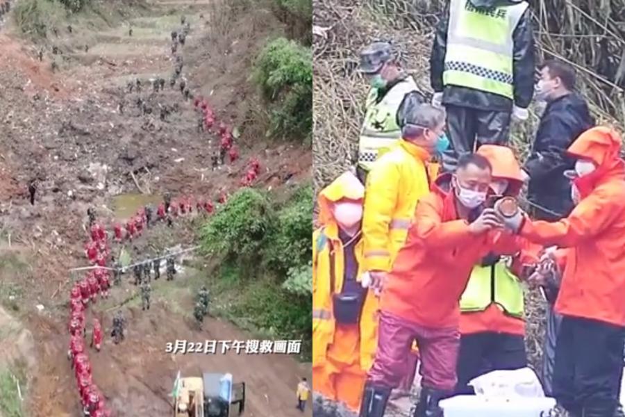 中國東方航空MU5735航班21日發生墜機意外，搜救隊也進入山區全力搶搜。（翻攝自微博）