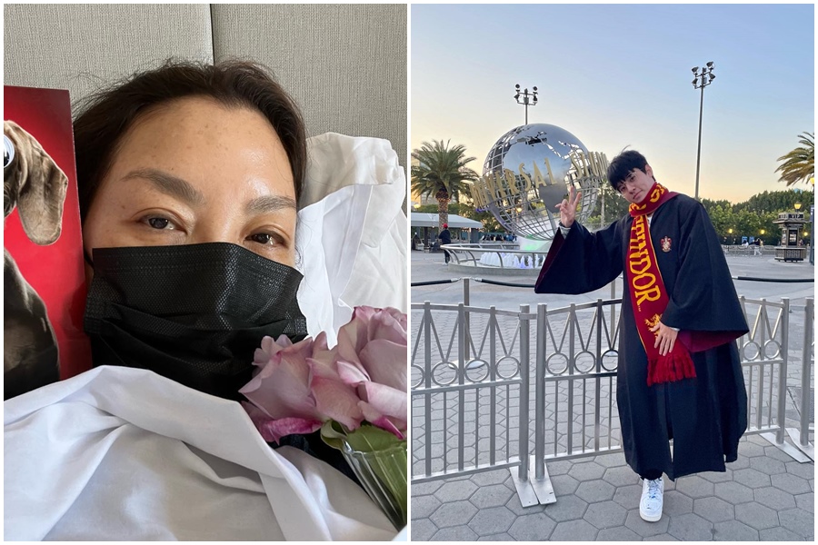 楊紫瓊（左圖）在臉書宣布確診新冠病毒，照片中的她雖戴著口罩，仍看出她的病容；與楊紫瓊合拍影集的男星劉敬（右圖），最近PCR檢測都是陰性，目前仍正常拍攝中。（翻攝自楊紫瓊、劉敬臉書）