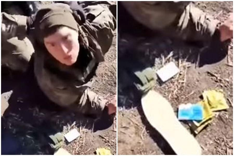俄軍爆出性侵烏克蘭婦女，近日一名被俘虜俄軍身上居然搜出一疊保險套。（翻攝自推特）