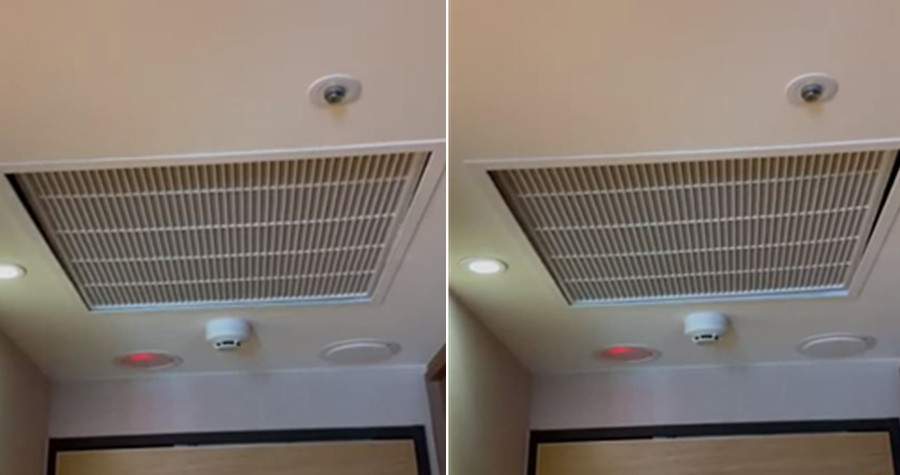 飯店浴室天花板的回風濾網竟呈現飄浮狀態,甚至還不停左右晃動。(翻攝影片)