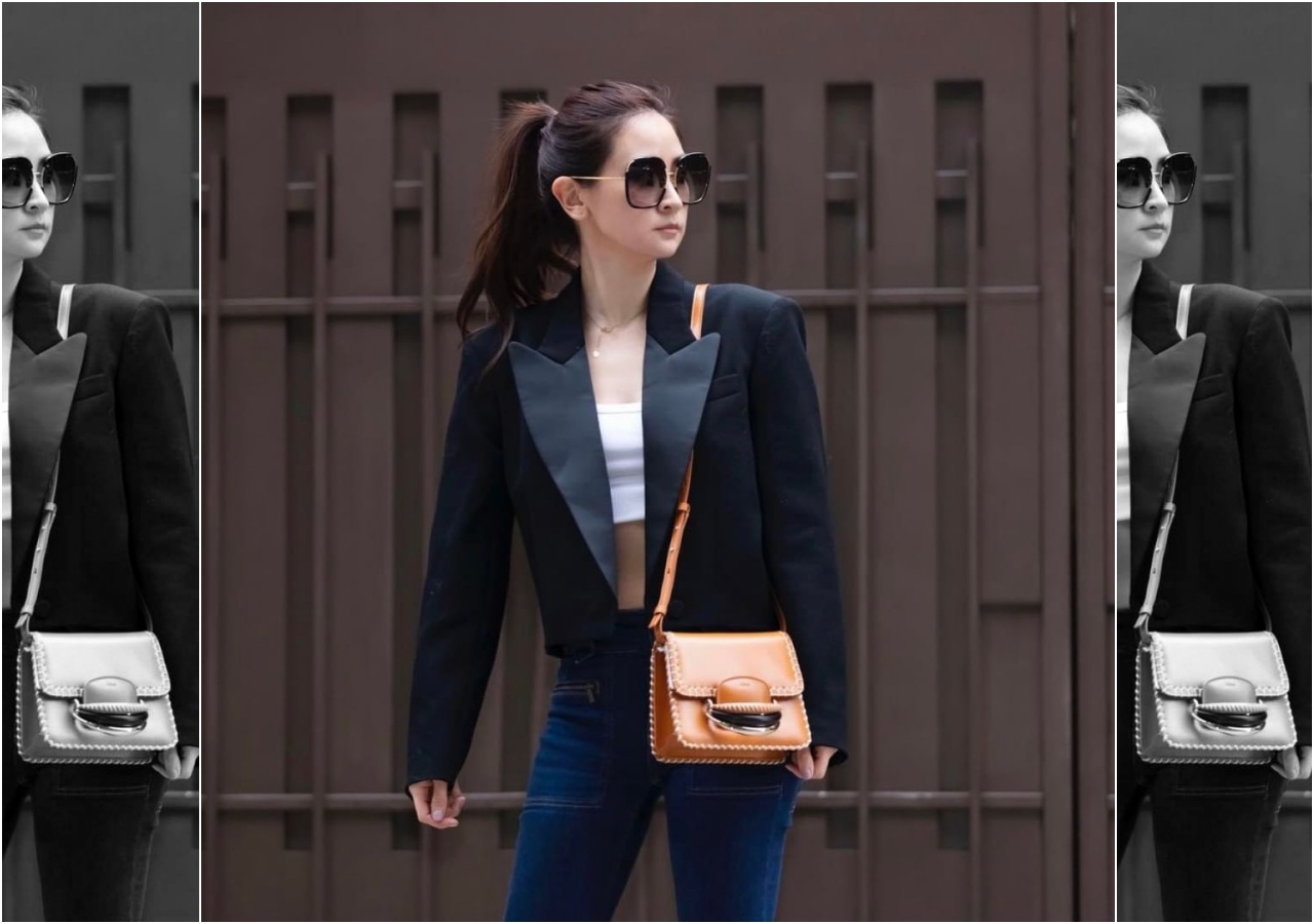 李晶晶露出練過的腹部美麗線條，以西裝外套搭配Chloé Kattie包款，展現俐落。（翻攝自李晶晶IG）