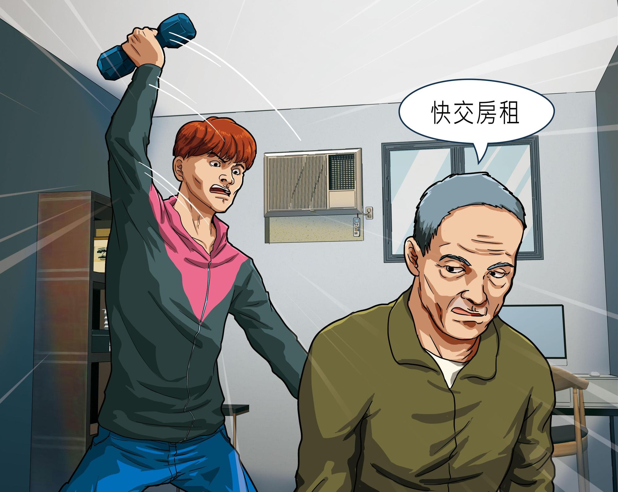 香港籍男大生麥家祺(左)不滿房東(右)催討房租,竟持啞鈴重擊對方。
