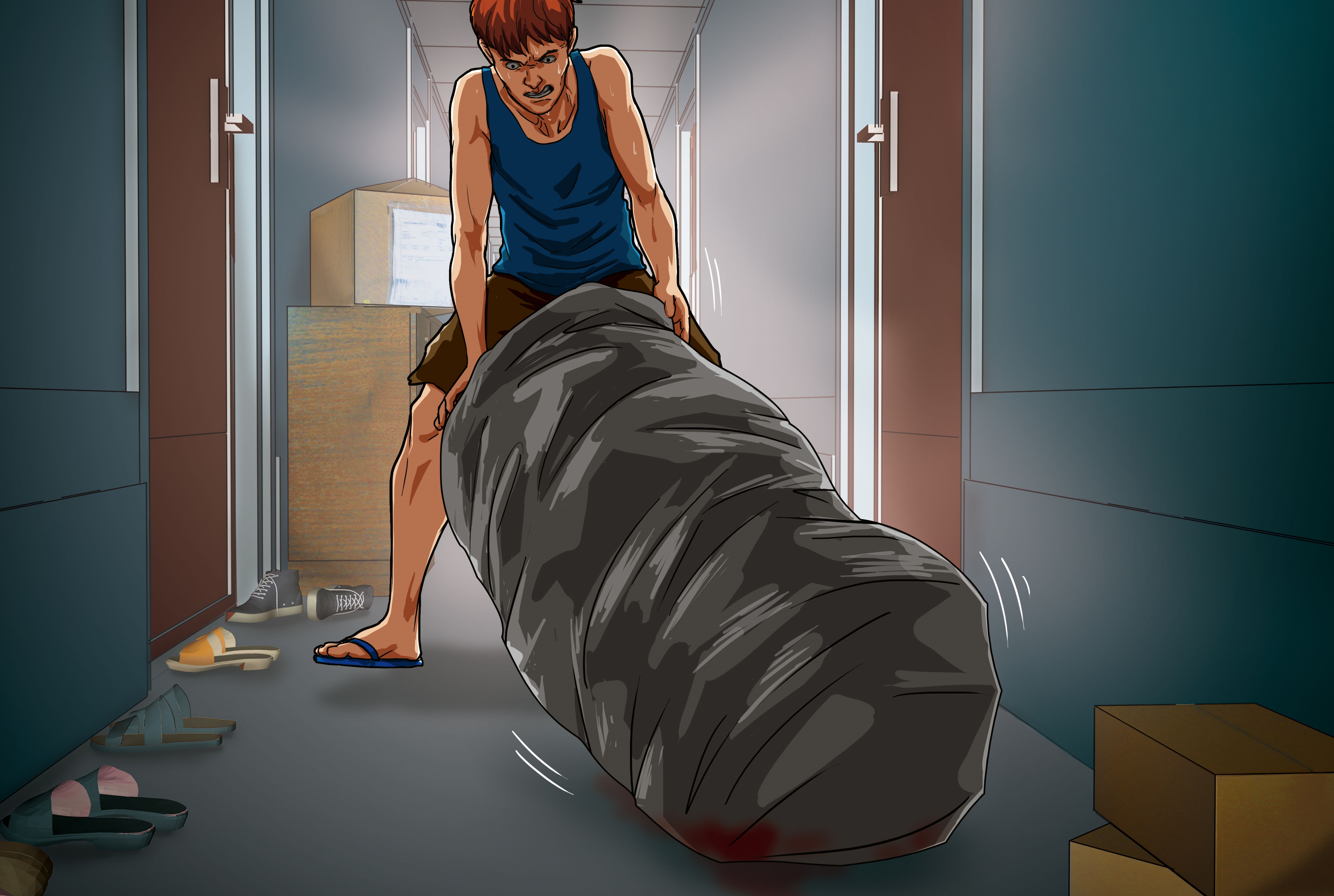 麥家祺用床單、黑色塑膠袋包裹房東屍體，再拖至走廊棄置。