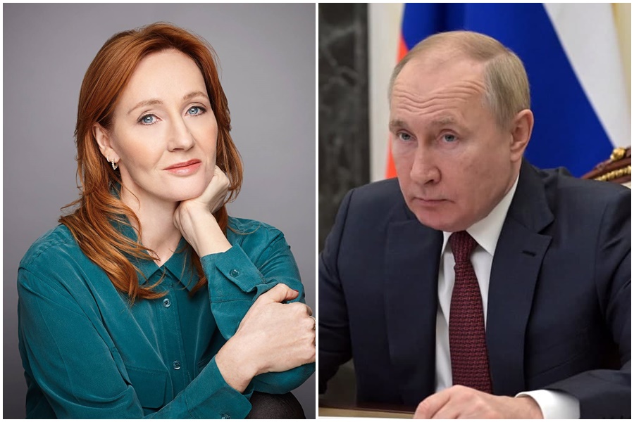 普丁(右)以J.K.羅琳(左)比喻遭到西方國家歧視,沒想到J.K.羅琳在推特怒嗆「我支持烏克蘭」。(左圖翻攝自J.K.羅琳臉書,右圖翻攝自President of Russia推特)