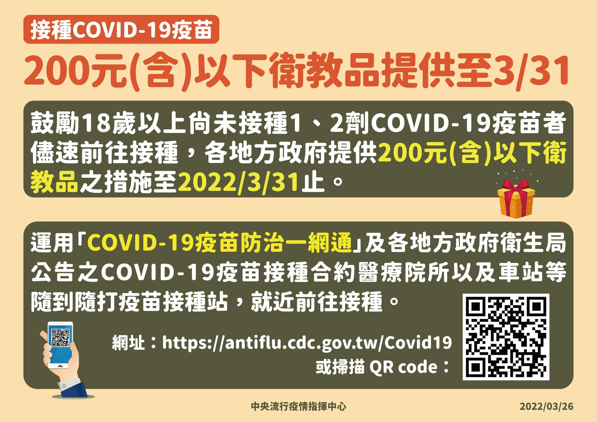 指揮中心公布地方政府提供200（含）以下衛教品，鼓勵18歲以下民眾踴躍施打疫苗。（指揮中心提供）