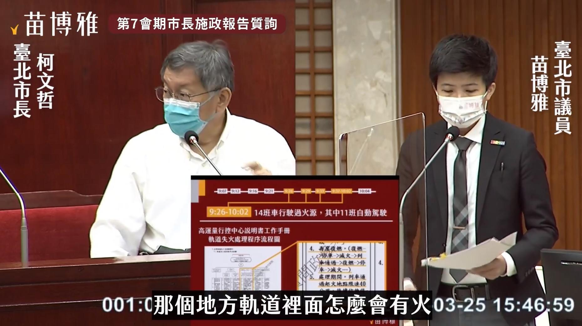 面對日前北捷軌道起火意外,市長柯文哲在市議會上喃喃自語「軌道裡面怎麼會有火?」(翻攝自苗博雅臉書)