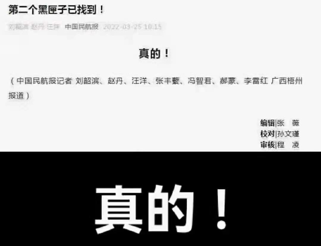 《中國民航報》昨日報導，已找到失事飛機的第2個黑盒子，不過官媒《新華社》卻報導駁斥此消息。（翻攝自王丹臉書）
